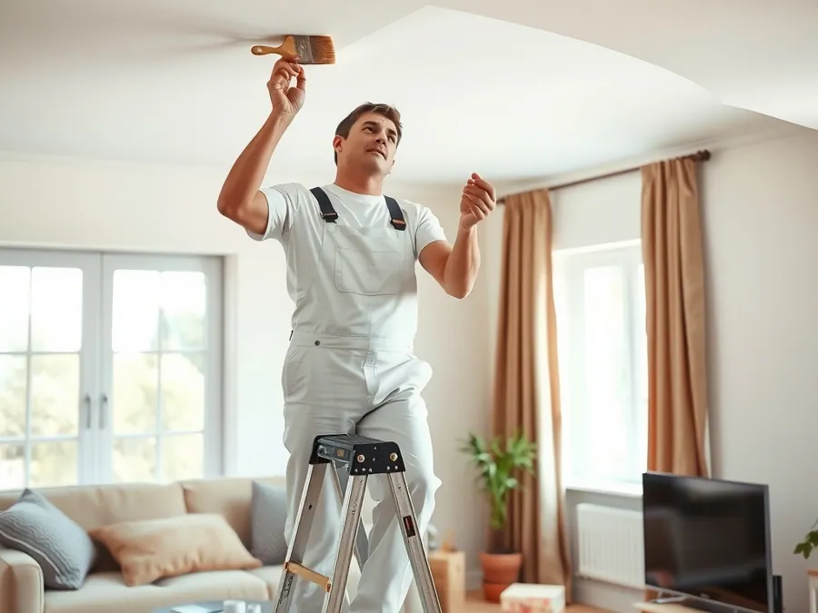 Peintre dégageant un angle de plafond au pinceau dans un séjour lumineux